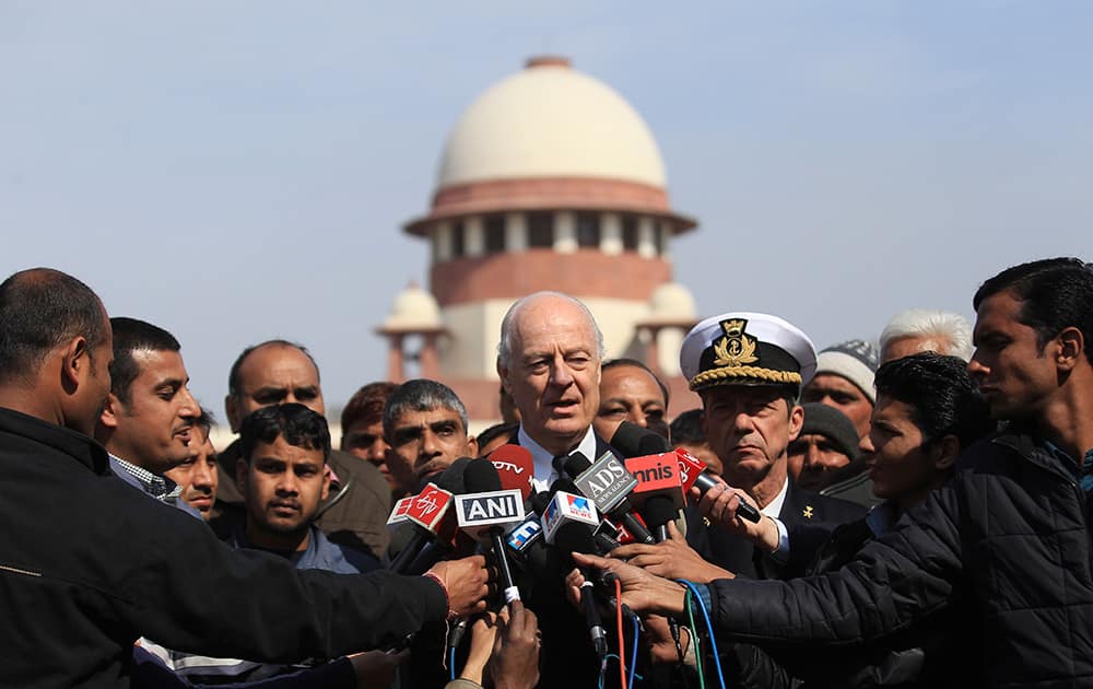 Italian government`s envoy Staffan de Mistura speaks to journalists after a court hearing at the Supreme Court, in New Delhi. India acceded to Italy’s request and said Friday it won’t invoke an anti-piracy law carrying the death penalty when it tries two Italian marines accused of killing two Indian fishermen in February 2012.