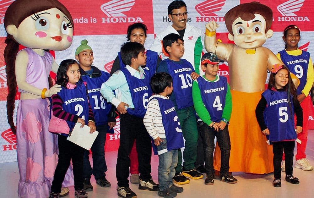 Cartoon character `Chhota Bheem` promotes road safety among children at the Auto Expo in Greater Noida.