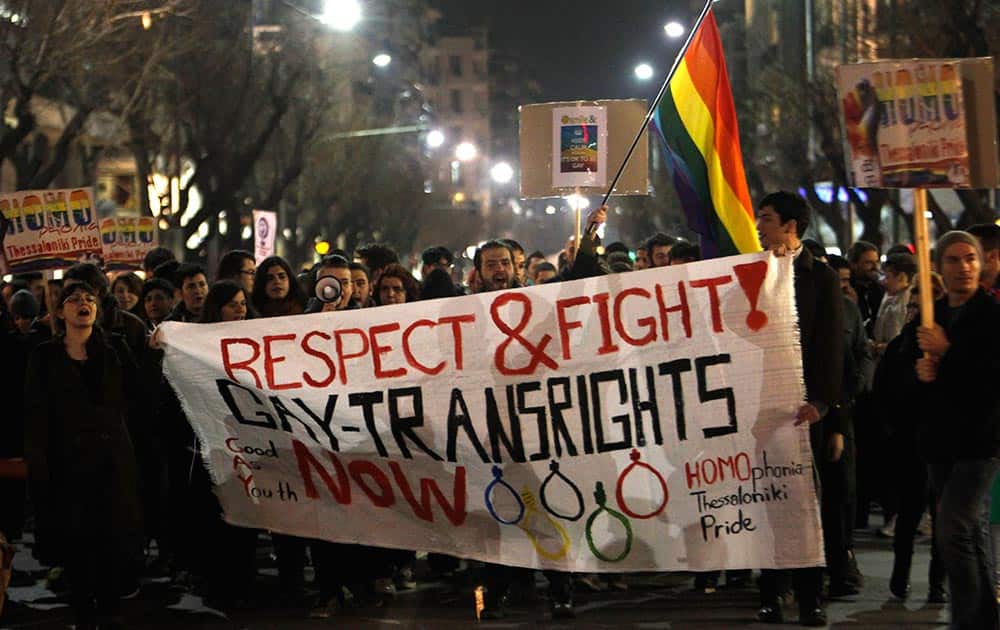 Several hundred gay rights activists march during a protest in the northern Greek port city of Thessaloniki, Greece.