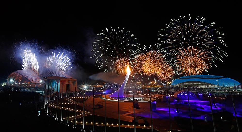 Fireworks are seen over the Olympic Park during the opening ceremony of the 2014 Winter Olympics in Sochi, Russia.
