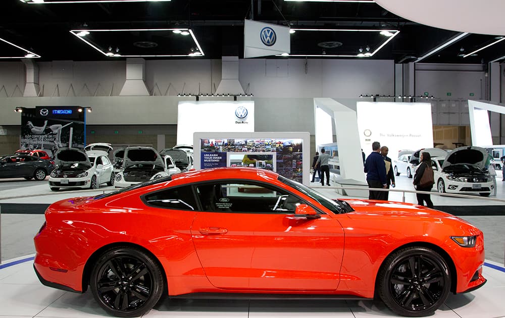 A 50th anniversary 2015 model of the Ford Mustang is on not yet released but on display during the Portland International Auto Show, in Portland, Ore.