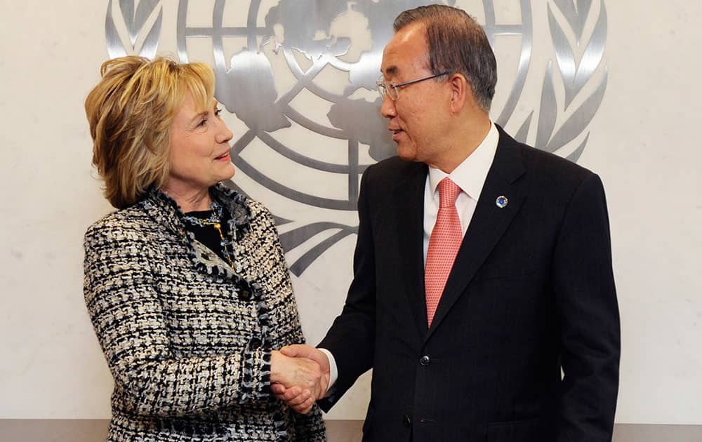 Former US Secretary of State, Hillary Rodham Clinton meets with United Nations Secretary General Ban Ki-moon at United Nations Headquarters.