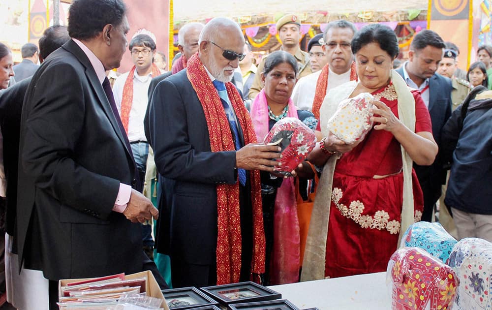 A. H. M. Fowzie, Senior Minister of Urban Affairs, Sri Lanka, at a stall during 28th Surajkund International Crafts Mela in Faridabad.