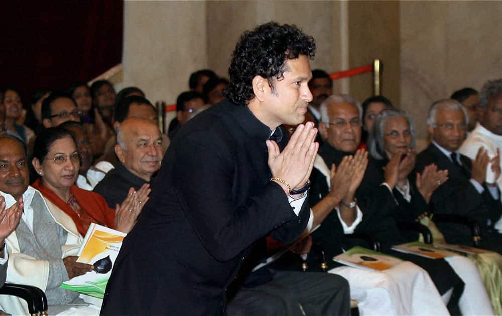 Legendary cricketer Sachin Tendulkar before being honoured with the Bharat Ratna, India`s highest civilian award, by President Pranab Mukherjee during an award ceremony at the Rashtrapati Bhavan in New Delhi.