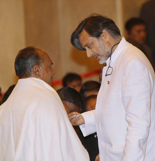 Union ministers AK Antony and Shashi Tharoor during Bharat Ratna Award - 2014 ceremony at the Rashtrapati Bhavan in New Delhi.