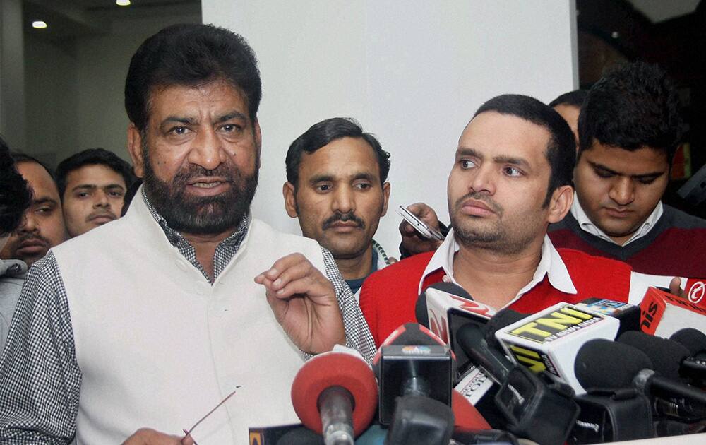 MLAs Shoaib Iqbal and Rambir Shaukeen address a press conference after meeting Delhi CM Arvind Kejriwal at Delhi Secretariat.