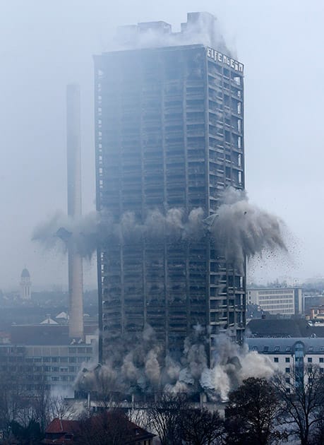A former university tower is blown up followed by thousands of spectators in Frankfurt, Germany.
