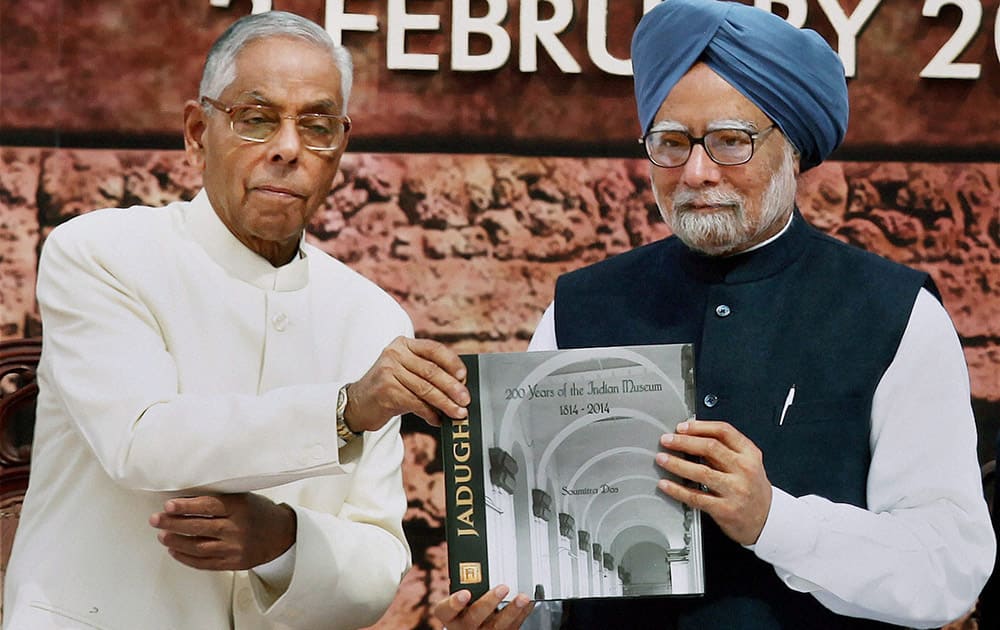 Prime Minister Manmohan Singh with West Bengal Governor M K Narayanan release a monograph during bicentenary celebrations of Indian Museum in Kolkata.