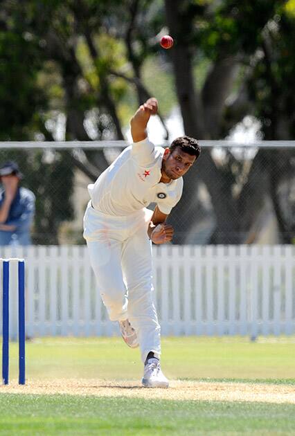 India`s Iswhar Pandey bowls against New Zealand XI on the first day of a pre test warm up cricket match at Cobham Oval in Whangarei, New Zealand.