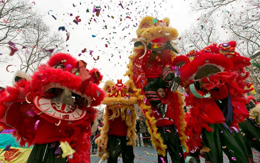 Lion dancers perform during the Asian Lunar New Year Firecracker Ceremony and Cultural Festival, in Roosevelt Park, in New York`s Chinatown.