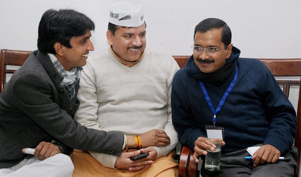 Delhi Chief Minister Arvind Kejriwal, with party leaders Kumar Vishwas and Sanjay Singh at Aam Aadmi Party`s (AAP) National Executive Meet in New Delhi.