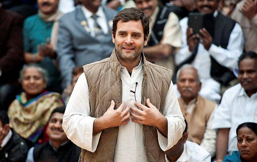 Congress Vice President, Rahul Gandhi during an interaction with the labour leaders, Rehri-Patri union leaders and representatives from the unorganised sector from all over the country and sought their inputs for the Congress Party manifesto, in New Delhi.