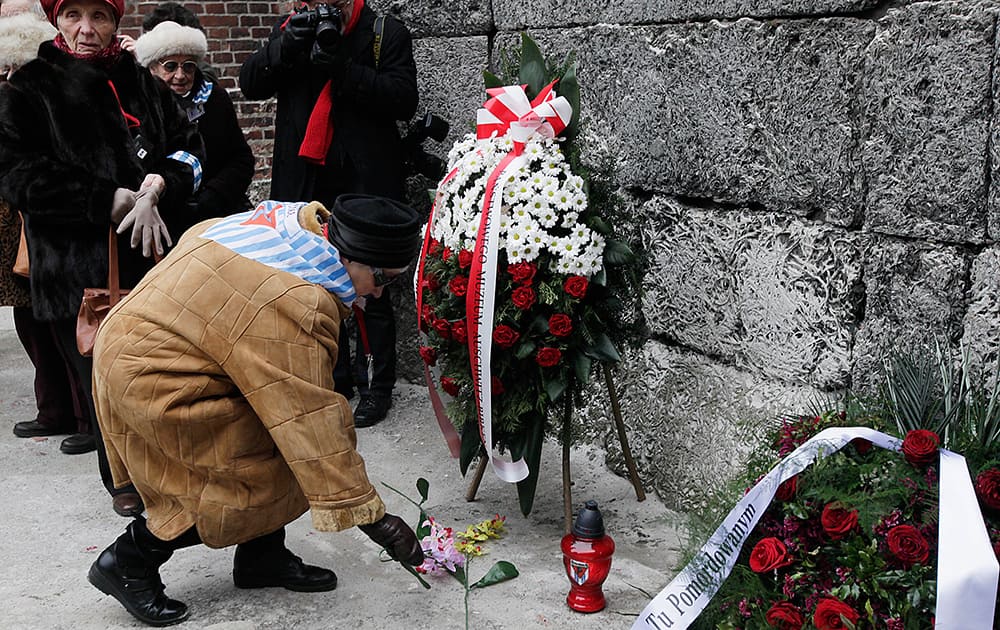 Auschwitz survivors lay a wreath and flowers at the former Nazi death camp`s Executions wall in Oswiecim, Poland to mark 69 years since the Soviet Red Army liberated the camp.