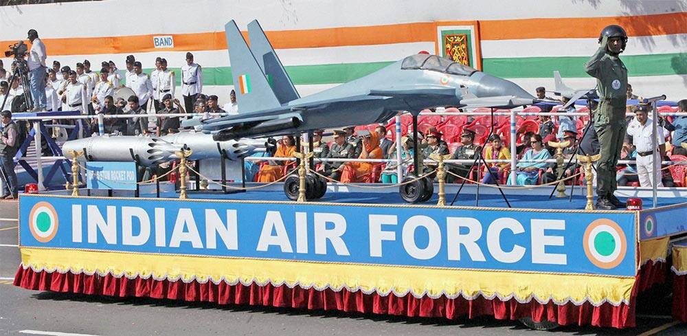 Indian Air Force display the model of fighter plane Sukhoi-30 MKI during the 65th Republic Day parade at Indira Gandhi Sarani in Kolkata.