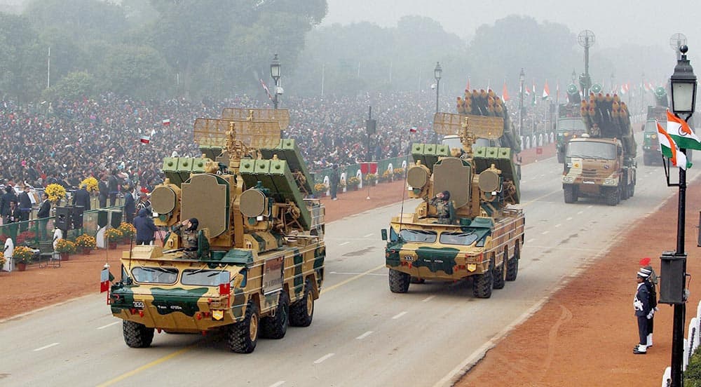 Mechanised columns of Indian army on display during the 65th Republic Day parade in New Delhi.
