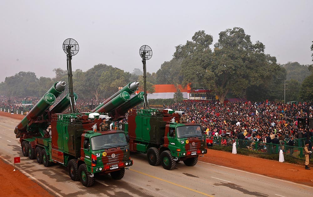 Brahmos supersonic cruise missiles, jointly developed by India and Russia, are displayed during the Republic Day parade in New Delhi.