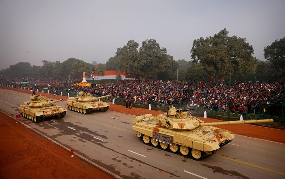 Russian made T-90 tanks roll down Rajpath, the ceremonial boulevard, during the Republic Day parade in New Delhi.