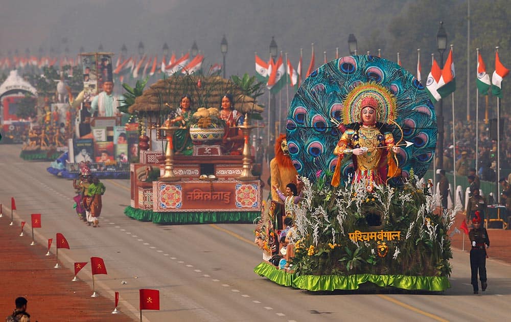 Floats of different Indian states roll down Rajpath, the ceremonial boulevard during the Republic Day parade in New Delhi.