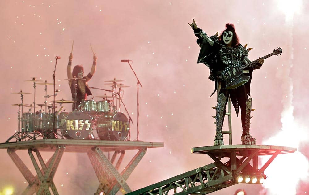 KISS performs prior to the Los Angeles Kings game against the Anaheim Ducks in an NHL outdoor hockey game at Dodger Stadium in Los Angeles.