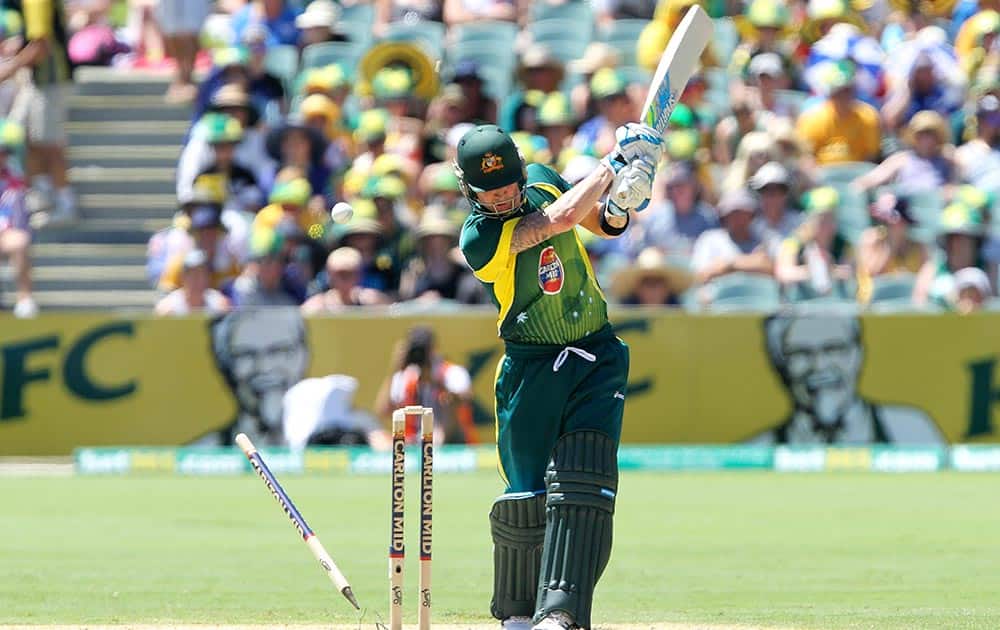Australia`s Michael Clarke is bowled by England`s Tim Bresnan during their one-day international cricket match in Adelaide, Australia.