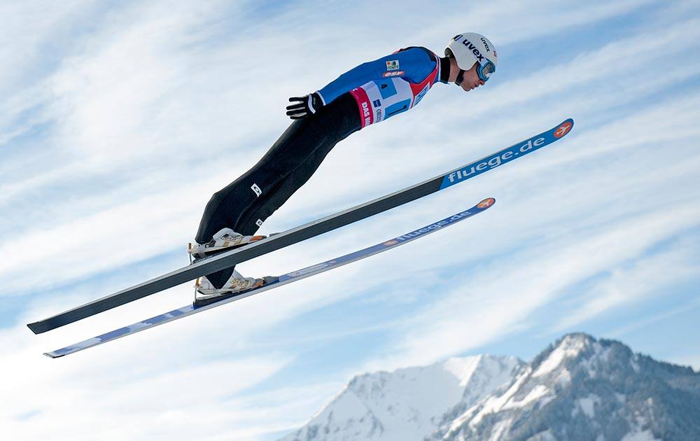 Jason Lamy Chappuis of France soars through the air during the trial jump at the team competition at the Nordic Combined FIS World Cup in Oberstdorf, southern Germany.