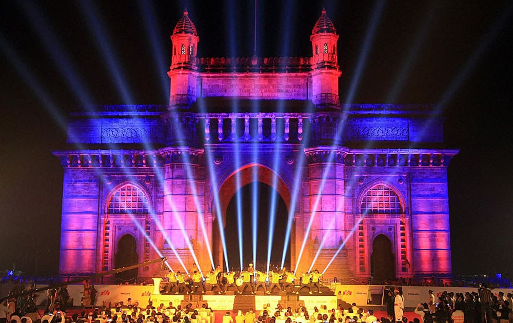 Gateway of India being illuminated with the dynamic special effects of the LED lights in Mumbai.