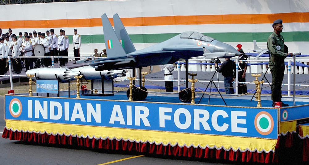 Indian Air Force display fighter aircraft model Sukhoi-30 and UB-16-57 UM Rocket Pod during full dress rehearsal of Republic day parade in Kolkata.