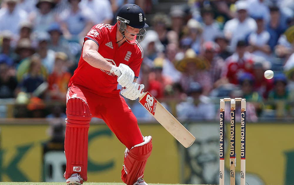 England`s Ben Stokes plays a cut shot off the bowling of Australia`s Dan Christian during their one-day international cricket match in Perth, Australia.