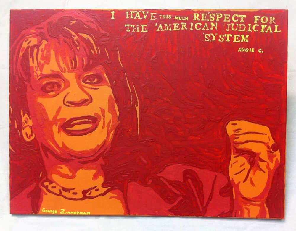 This photo provided by Robert Zimmerman Jr. shows a painting by his brother, George Zimmerman, portraying northeast Florida state attorney Angela Corey, the special prosecutor who charged him with second-degree murder in the 2012 shooting death of 17-year-old Trayvon Martin. Robert Zimmerman Jr. posted his brother`s new painting, titled `Angie`, on Twitter. He said details about its sale would follow Thursday.