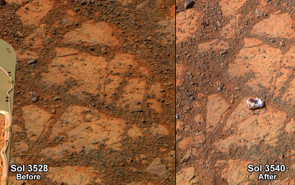 This composite image provided by NASA shows before and-after images taken by the Opportunity rover. At left is an image of a patch of ground taken on Dec. 26, 2013. At right is in image taken on Jan. 8, 2014 showing a rock shaped like a jelly doughnut that had not been there before. The space agency said the rover Opportunity likely kicked up the rock into its field of view. Opportunity landed on Mars in 2004 and continues to explore.