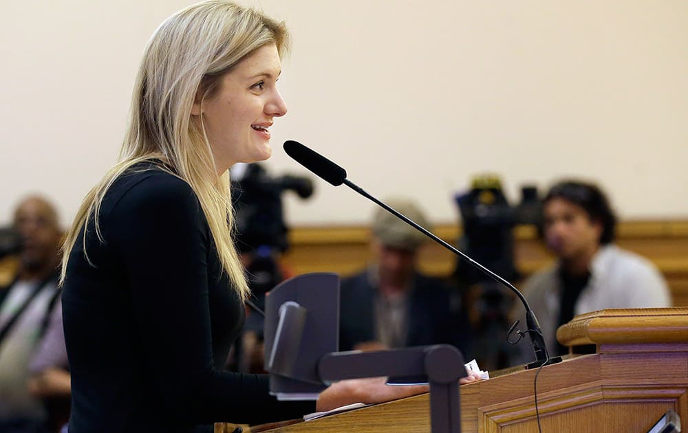 Google program manager Crystal Sholts speaks in favor of employee shuttles, before the San Francisco Municipal Transportation Authority board of directors at a SFMTA meeting at City Hall in San Francisco.