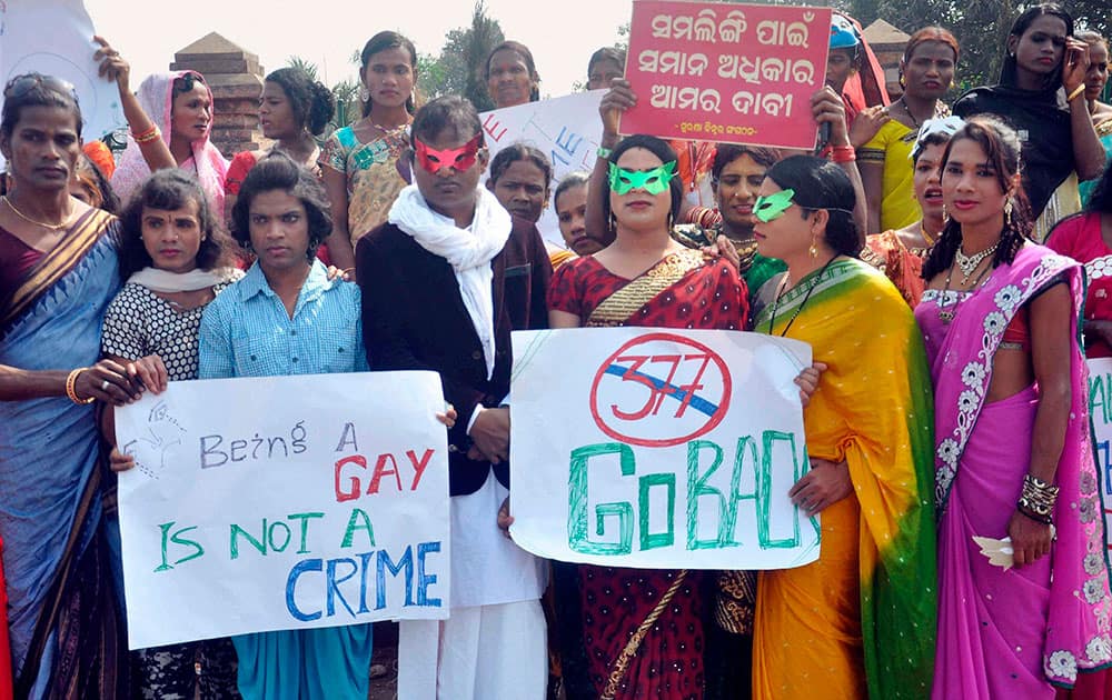 LGBTs participating in a protest rally against Supreme Court`s verdict on Section 377 of IPC in Bhubaneswar.
