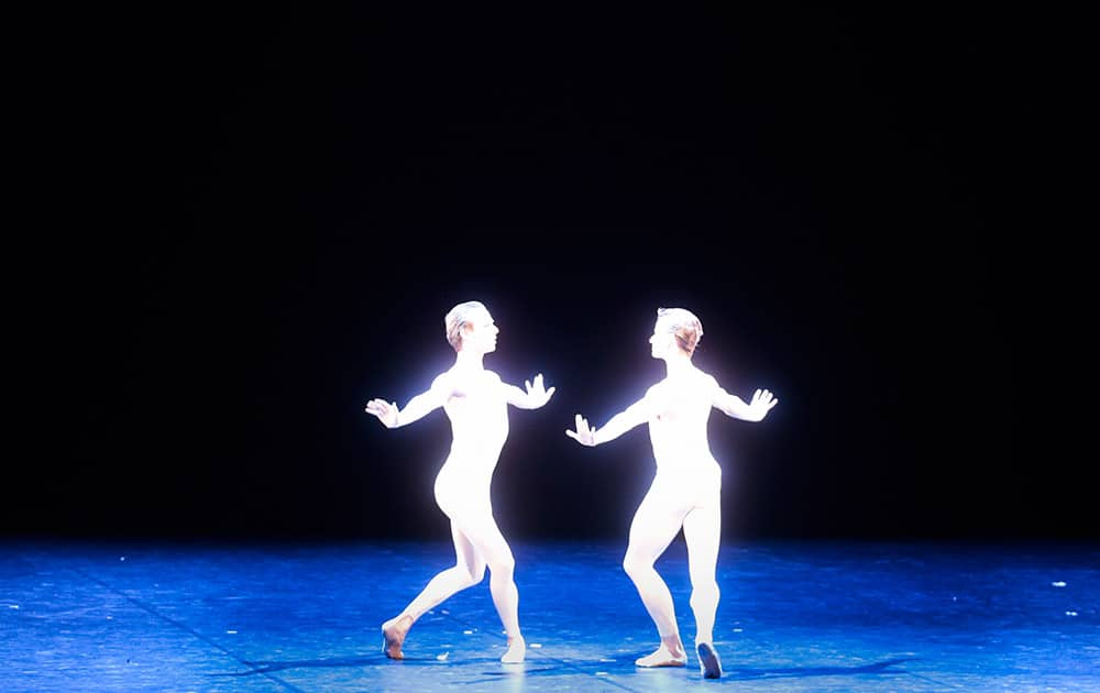 The two ballet dancers Marian Walter and Rainer Krenstetter perform together during the press rehearsal of the ballet gala `Malakhov & Friends - The Final` of the Berlin State Ballet at the German Opera in Berlin.