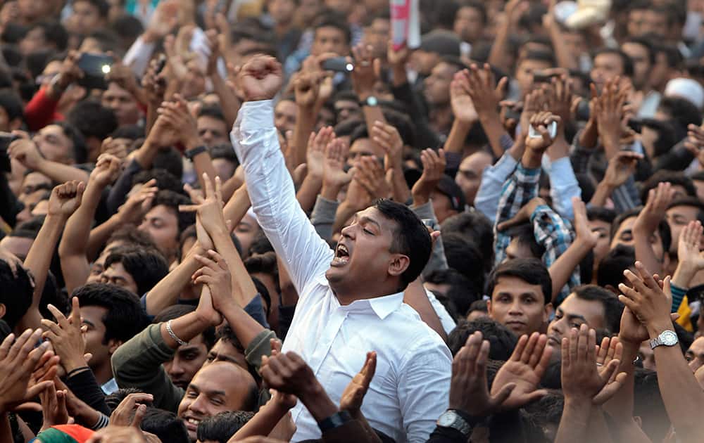A supporter of Bangladesh`s former Prime Minister and opposition Bangladesh Nationalist Party (BNP) leader Khaleda Zia, shouts slogans during a public meeting addressed by Zia in Dhaka, Bangladesh.