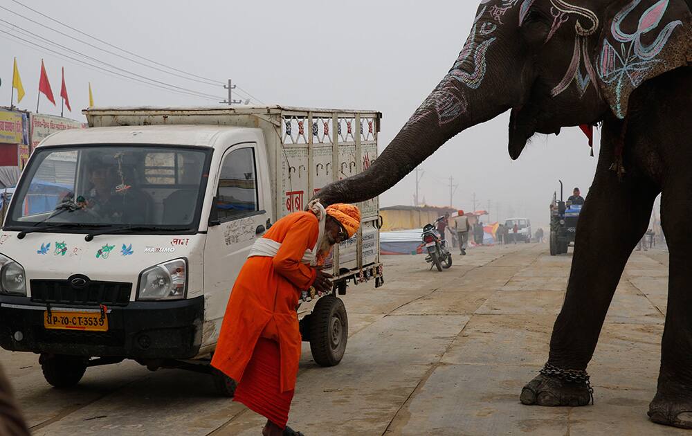 A Hindu devotee receives blessings of an elephant at the Sangam, the confluence of rivers Ganges and Yamuna, during the annual month-long Hindu religious fair