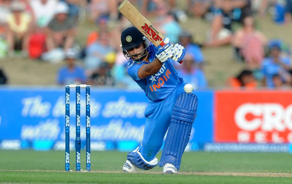Virat Kohli bats against New Zealand in their first one day international cricket match at McLean Park in Napier, New Zealand.