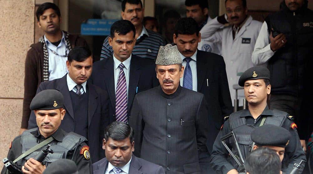 Health Minister Ghulam Nabi Azad coming out of AIIMS hospital after meeting Union Minister Shashi Tharoor who was admitted in ICU in New Delhi.
