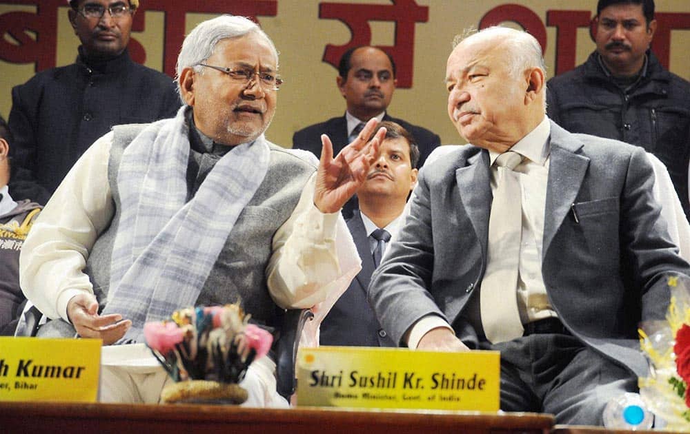 Union Home Minister Sushilkumar Shinde and Bihar CM Nitish Kumar at a function of a newspaper in Patna.