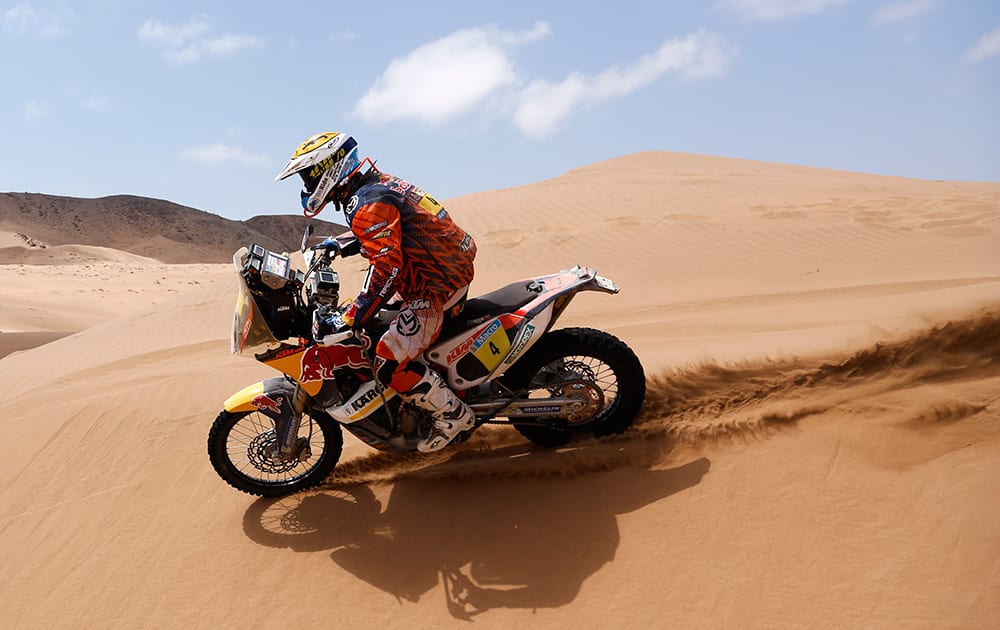 KTM rider Jordi Viladoms of Spain rides his motorcycle on the dunes during the twelfth stage of the Dakar Rally between the cities of El Salvador and La Serena, Chile.