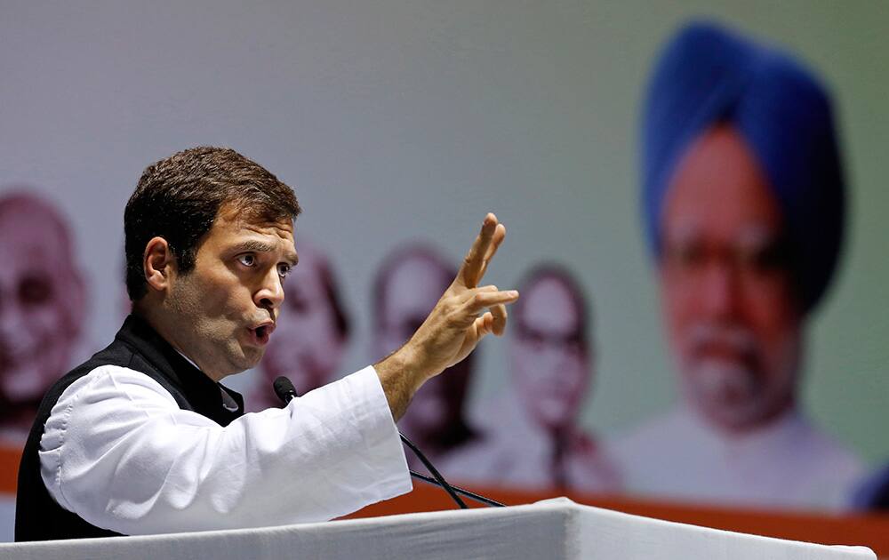 Rahul Gandhi delivers his speech at the All India Congress Committee (AICC) meet to prepare for the upcoming polls in New Delhi.