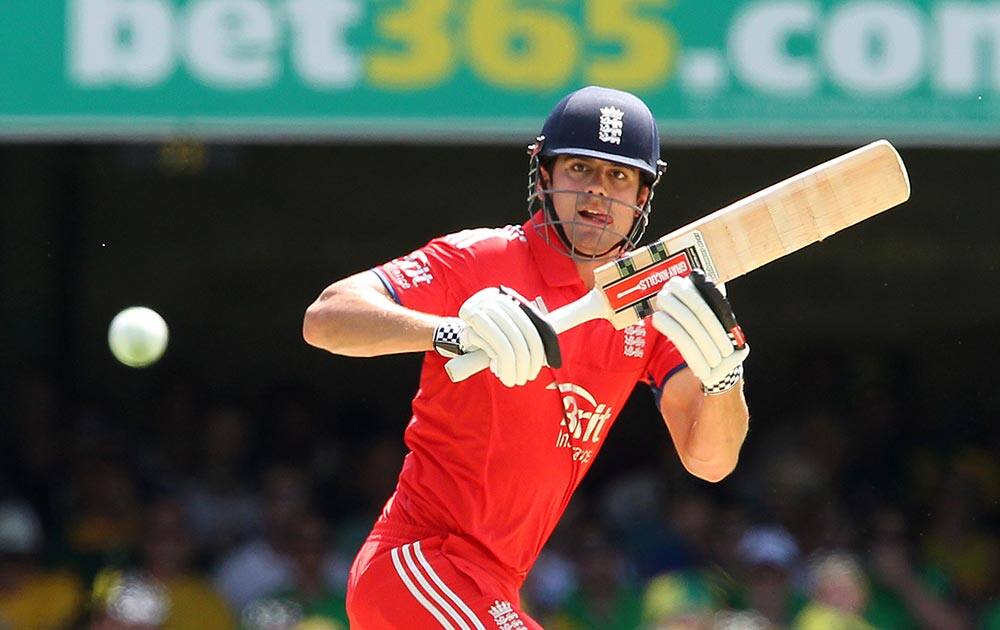 England`s Alastair Cook plays a shot during the second One Day International cricket match between England and Australia at the Gabba in Brisbane, Australia.