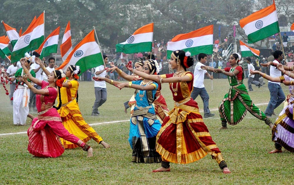 School students perform with Tricolours during inauguration of 59th U-17 School Football Tournament in Agartala.