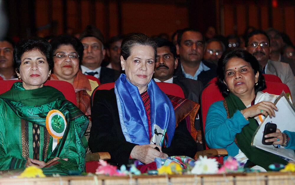 UPA Chairperson Sonia Gandhi with Minister for Social Justice & Empowerment, Kumari Selja watching a cultural programme at the inauguration of Samarth 2014, a two-day national festival for showcasing the abilities of persons with disabilities (PwDs), in New Delhi.