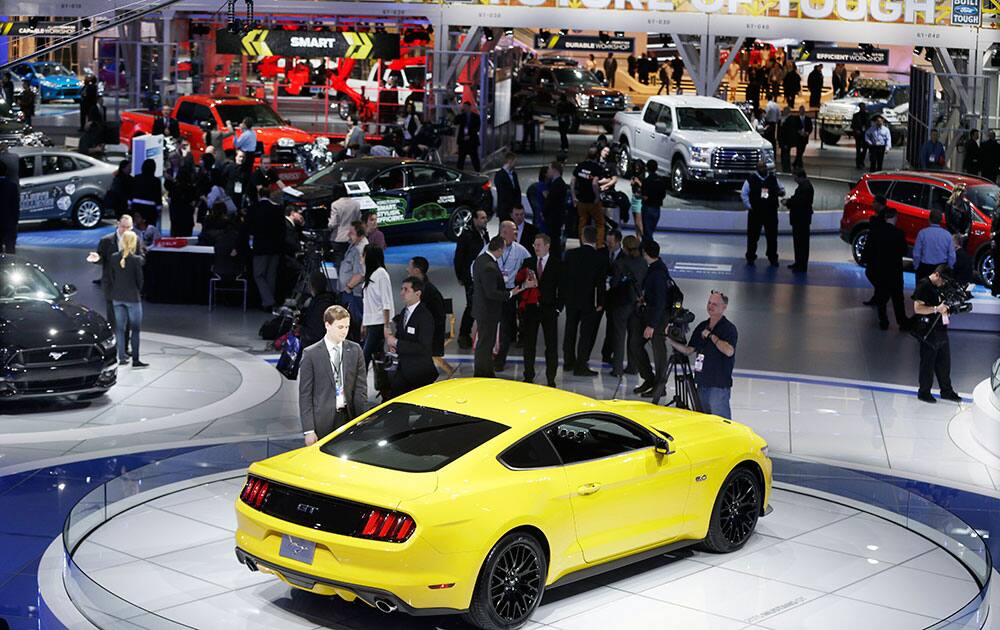 A Ford Mustang is seen in the automaker`s display area at the North American International Auto Show is seen in Detroit.