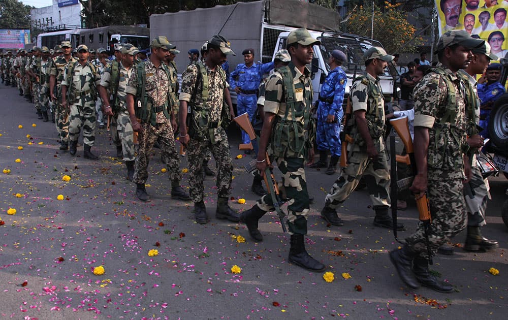 Indian Border Security Force (BSF) soldiers march during a peace rally urging citizens of various communities to maintain peace in Hyderabad.