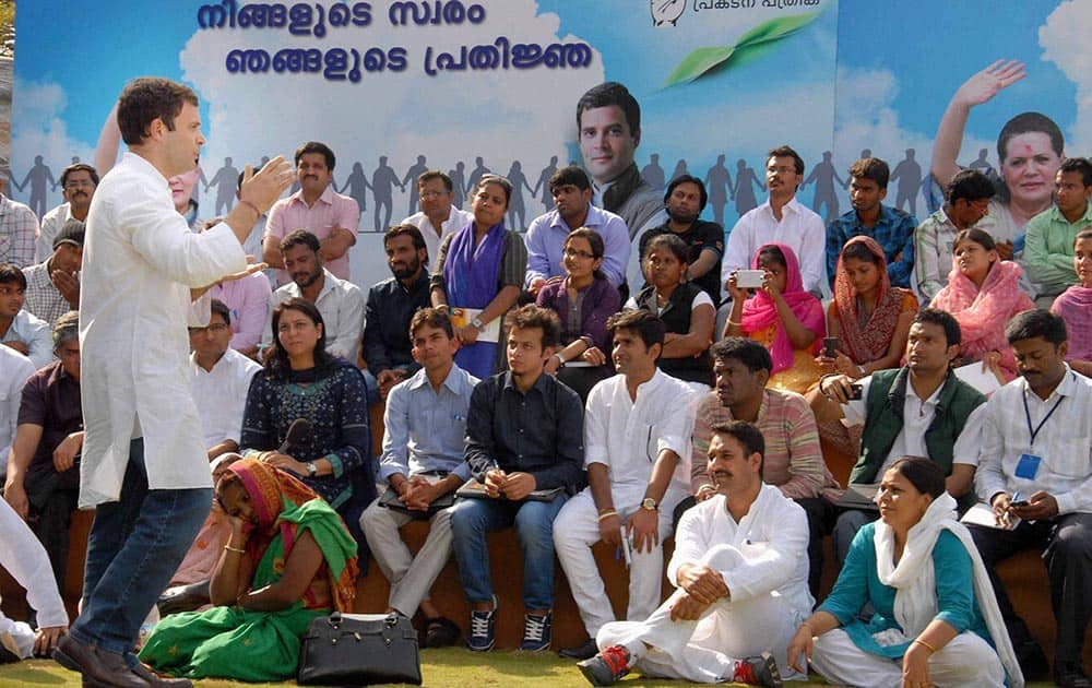 Congress vice-president Rahul Gandhi interacts with students and young entrepreneurs to seek direct feedback for their manifesto for the national elections, in Bengaluru.
