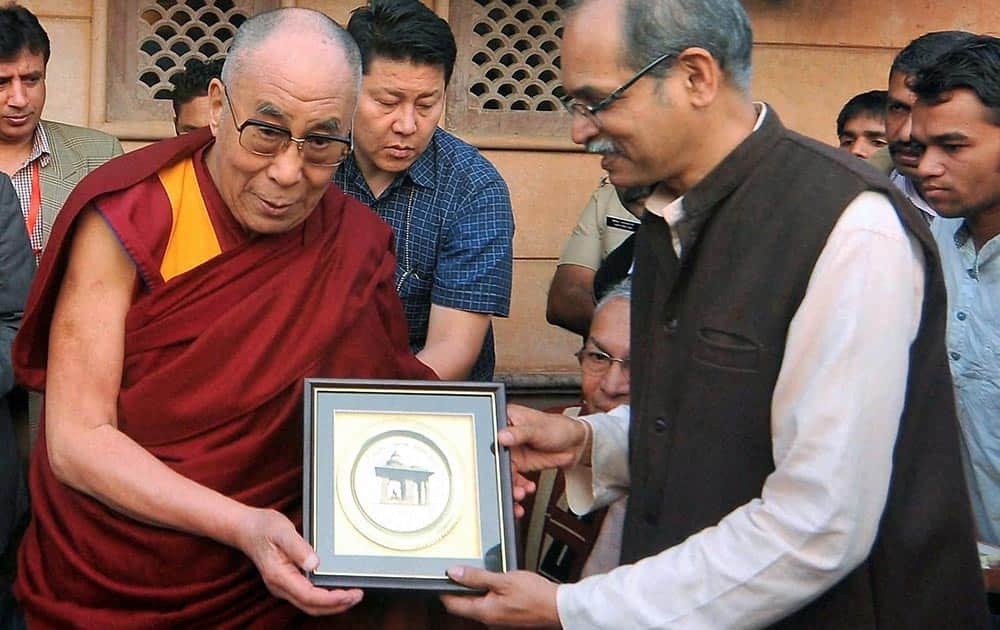 Tibetan spiritual leader the Dalai Lama at Dr. Hedgewar Smruti Mandir at RSS headquarters in Nagpur.
