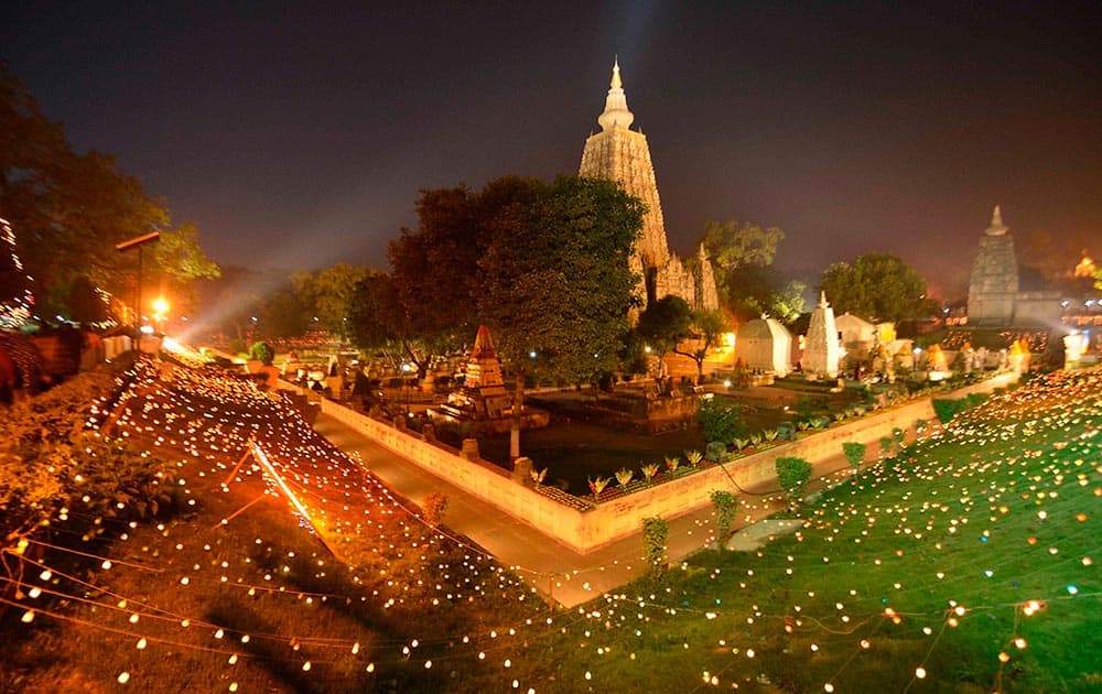 The Mahabodhi temple illuminated on the occassion of 31st Kagyu Monlam for world peace, in Bodhgaya.