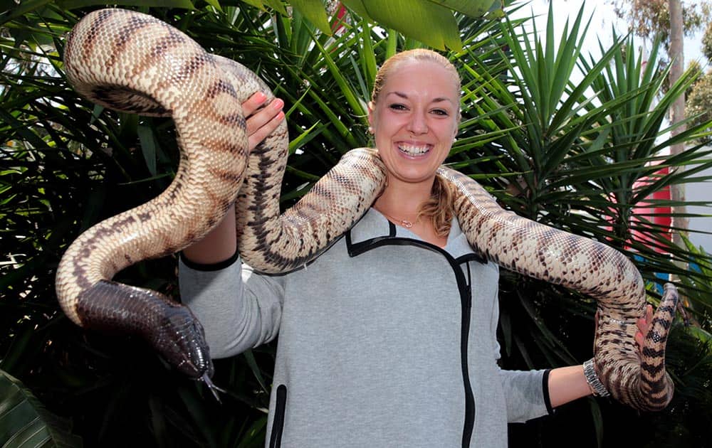 German tennis player Sabine Lisicki holds an Australian Python in the players cafe at Melbourne Park ahead of the Australian Open tennis championship in Melbourne, Australia.
