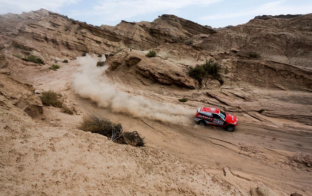 Haval driver Christian Lavieille and co-pilot Jean-Pierre Garcin, both of France, race during the fourth stage of the Dakar Rally between the cities of San Juan and Chilecito, Argentina.